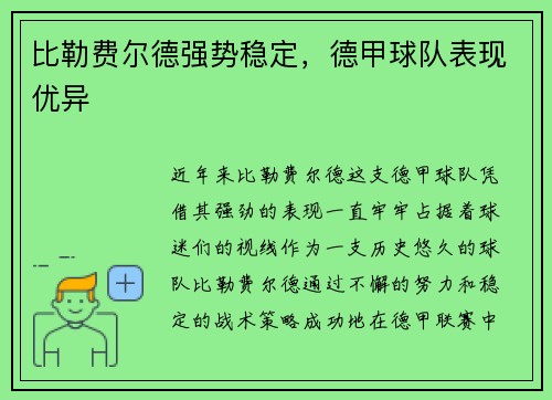 比勒费尔德强势稳定，德甲球队表现优异